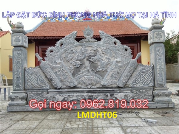 Lắp đặt bức bình phong ngoài trời bằng đá đẹp kích thước 342cm giá rẻ tại nhà thờ họ Lê Hà Tĩnh