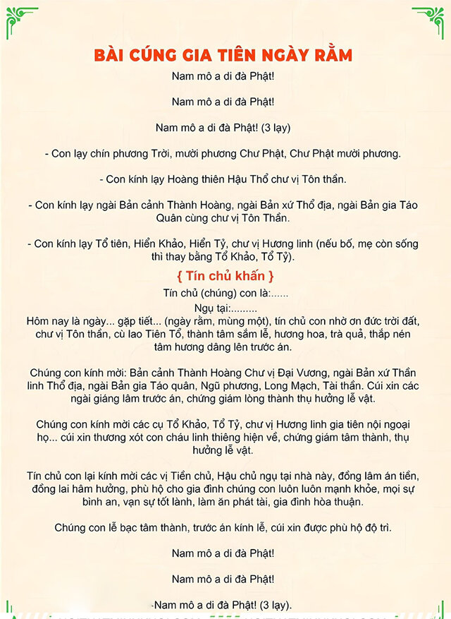 Văn khấn cúng gia tiên mồng 1 ngày rằm tại nhà